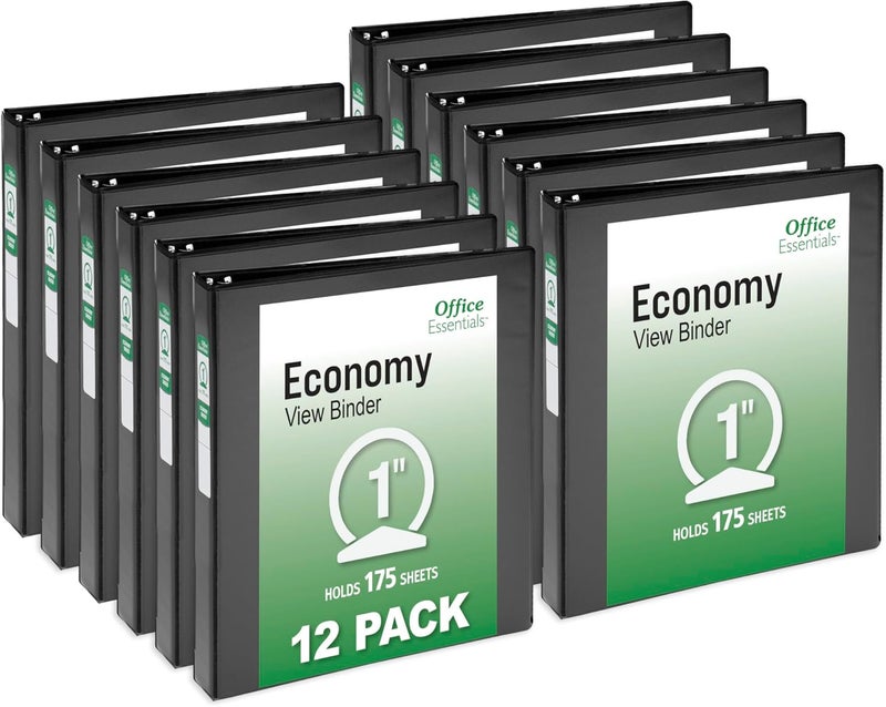 Office Essentials Economy View 3 Ring Binders, 1" Round Rings, 1.4" Spine, 175-Sheet Capacity, Black Binders (12-Pack of 03425) - Image 1